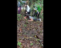 Friends slips on the ground while hiking