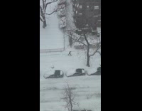 Person cross country skiing crosses crosswalk
