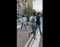 Girl white ghost costume yellow crocs crosswalk 