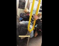 Guy stuffs horse mannequin with cotton stuffing on subway train