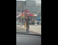 Girl with long tube rides electric scooter 