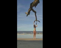 Woman in bikini hangs on the tree and fell