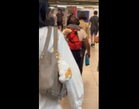 Man carrying dog on backpack on subway station