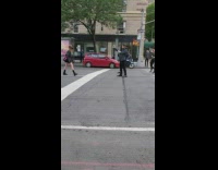 Girl black face mask street red car 