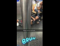 Man eats ice cream while laying on subway floor, rests head on guys shoe
