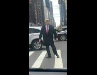 Donald trump mask crosses the street and directs traffic
