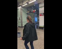 Guy dance with his skeleton partner at the subway NY 