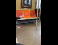 Collab Subway Creatures - Woman feet up on orange train seat