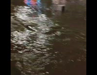 Brown water floods the street and sidewalk 