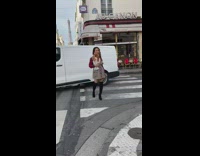 Woman crosswalk hold bread eiffel tower traffic