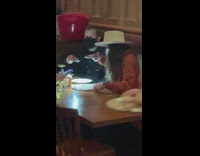 Girl white round hat pizza table restaurant