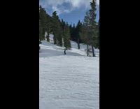 Little kid skiing comes up to camera and says he peed in his pants