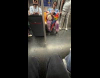 Woman rides train with parrot on lap