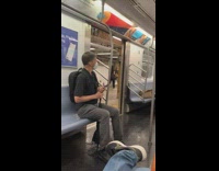 Man holds umbrella leaking subway doors pt 1