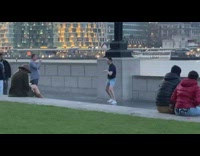 Man black shirt dance at crowded bay