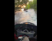 Guys ride jet skis across lake by trees 