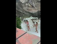 Two woman pink bikini dance tiktok video poolside Part 1