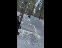 Woman ride and fall sled snow selfie