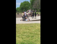 Girl blue top selfie near water park