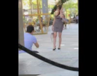 Woman black white stripe dress zoom in