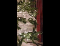 Red toy train circles around christmas tree 