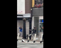 Woman stand near bee swarm on pole
