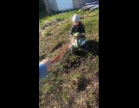 Toddler on toy car pulled then fell