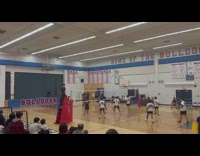 Volleyball ball served and bounces then shoots through the hoop