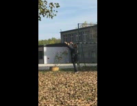 woman throws leaves park laugh