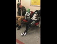 Woman has Pickle Rick stuffed toy sticking out her backpack on the subway while sleeping