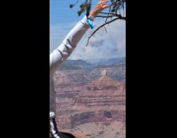 Woman poses with large smoke in background