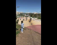 Boy tries the zip line but falls on the other end