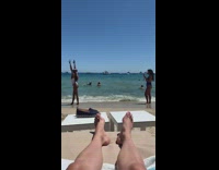Two women blue and white bikini pictorial beach
