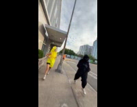 Gorilla mascot chase people in banana costume