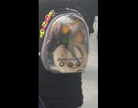 Girl in line with birds in backpack 