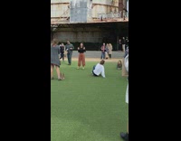 Girl with red pants fake grass picture