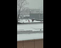 Girl poses on rooftop with umbrella snow