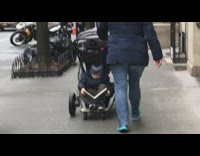 Boy sitting in stroller reads book 