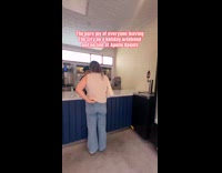 Woman amused with having no line at store 