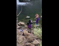 Purple bra leggings waterfall blue sneakers