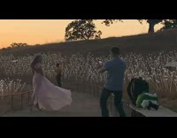 Woman white dress spin skirt walkway sunset