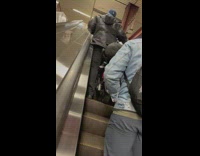 Man black jacket take motorcycle up the escalator