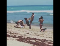 Three girls guy yoga pose fail beach 