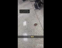 Rat inside of hamburger bun running around cafeteria floor 