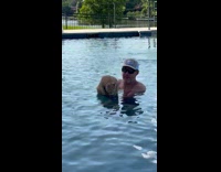 Man hold and let cat swim in pool