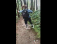 Girls run down hike before dark sunset 