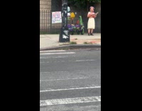 Collab winy - Woman wearing flower crown plays ukulele on sidewalk