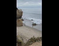 White bikini girl sits rock beach tripod