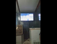 Dog watch tv while wearing yellow sunglasses