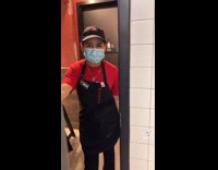 Girl walks into restroom in Panda Express outfit silly goose